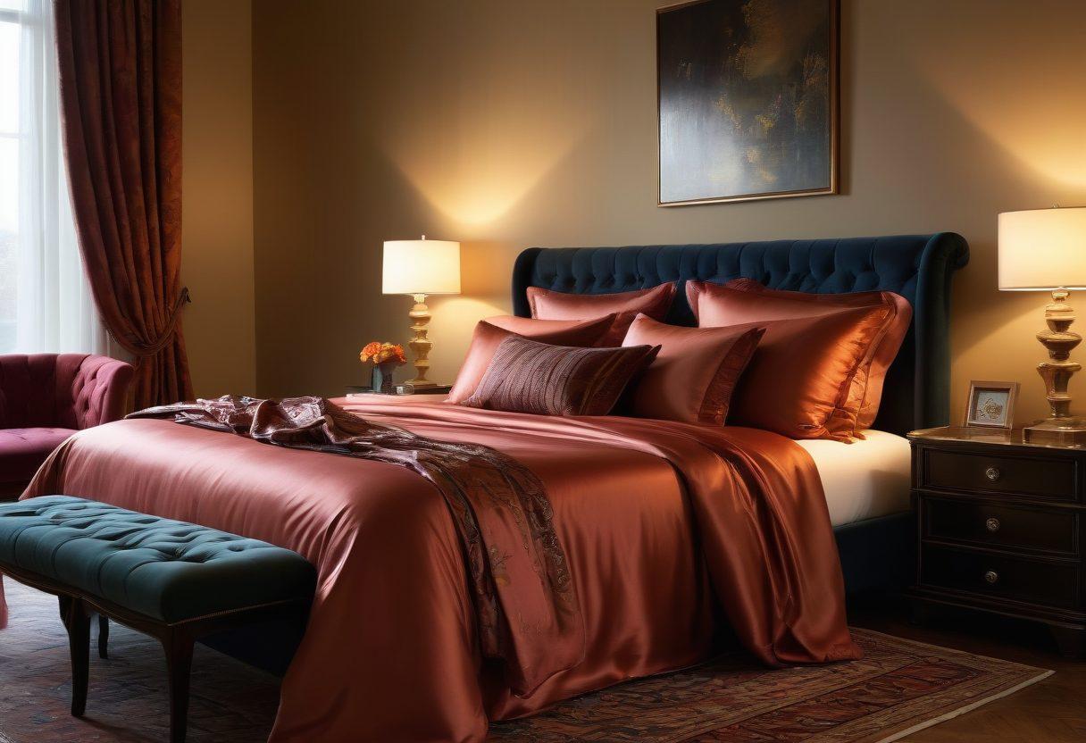 An elegant and alluring setting depicting a tastefully styled intimate space with soft lighting, luxurious fabrics, and hints of playful shadows. Include subtly seductive elements like silk sheets, candles, and a hint of mystery in the background, symbolizing exploration and sensuality. The composition should evoke a sense of warmth and curiosity. soft lighting. rich textures. vibrant colors.