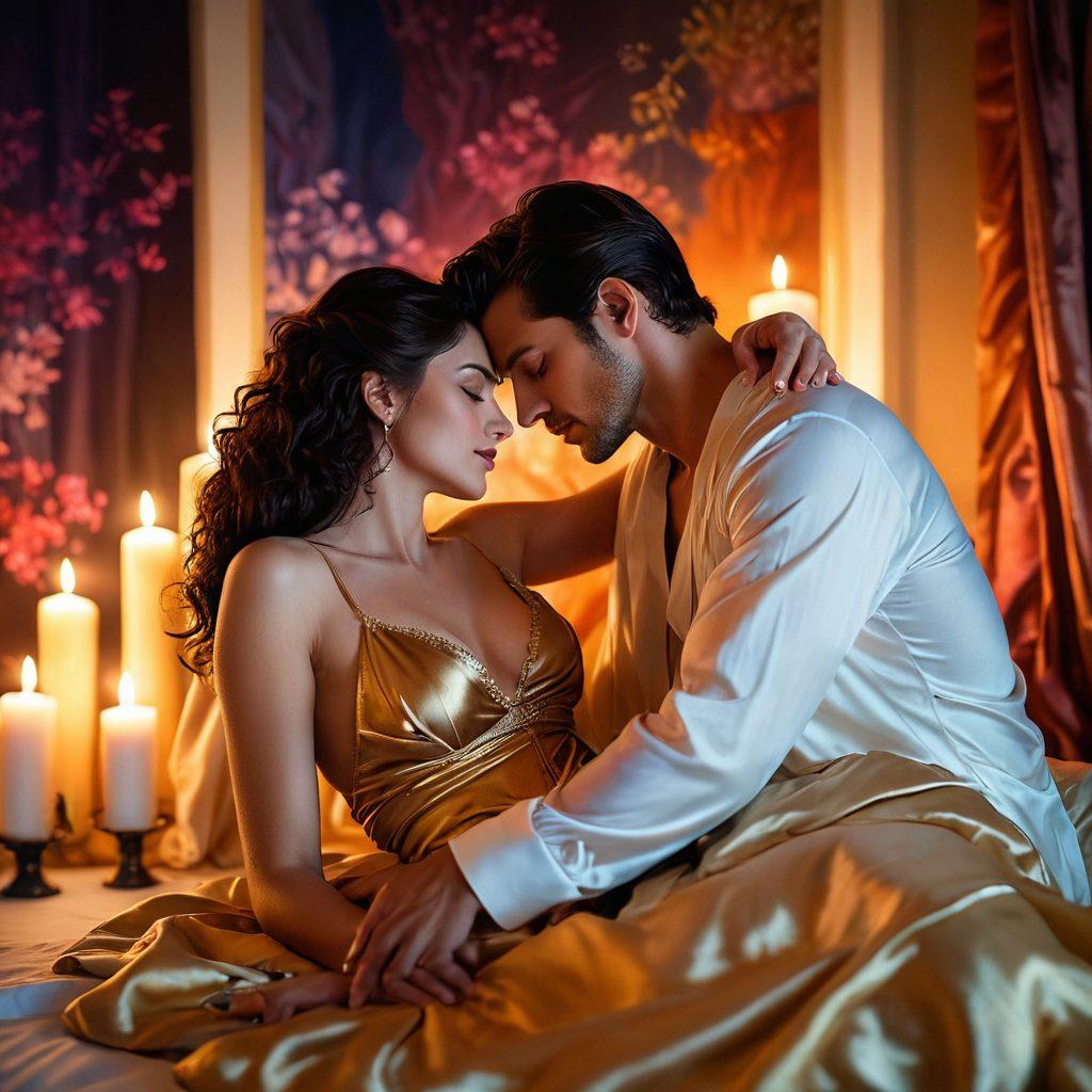 An alluring scene depicting a sultry couple in a passionate embrace, with soft, warm lighting creating an inviting atmosphere. Surround them with subtle hints of elegance, like silk sheets and flickering candles. In the background, suggestive silhouettes can be seen, adding a sense of mystery. Incorporate vibrant colors to enhance the mood and create an enticing visual experience. painting. vibrant colors. soft focus.